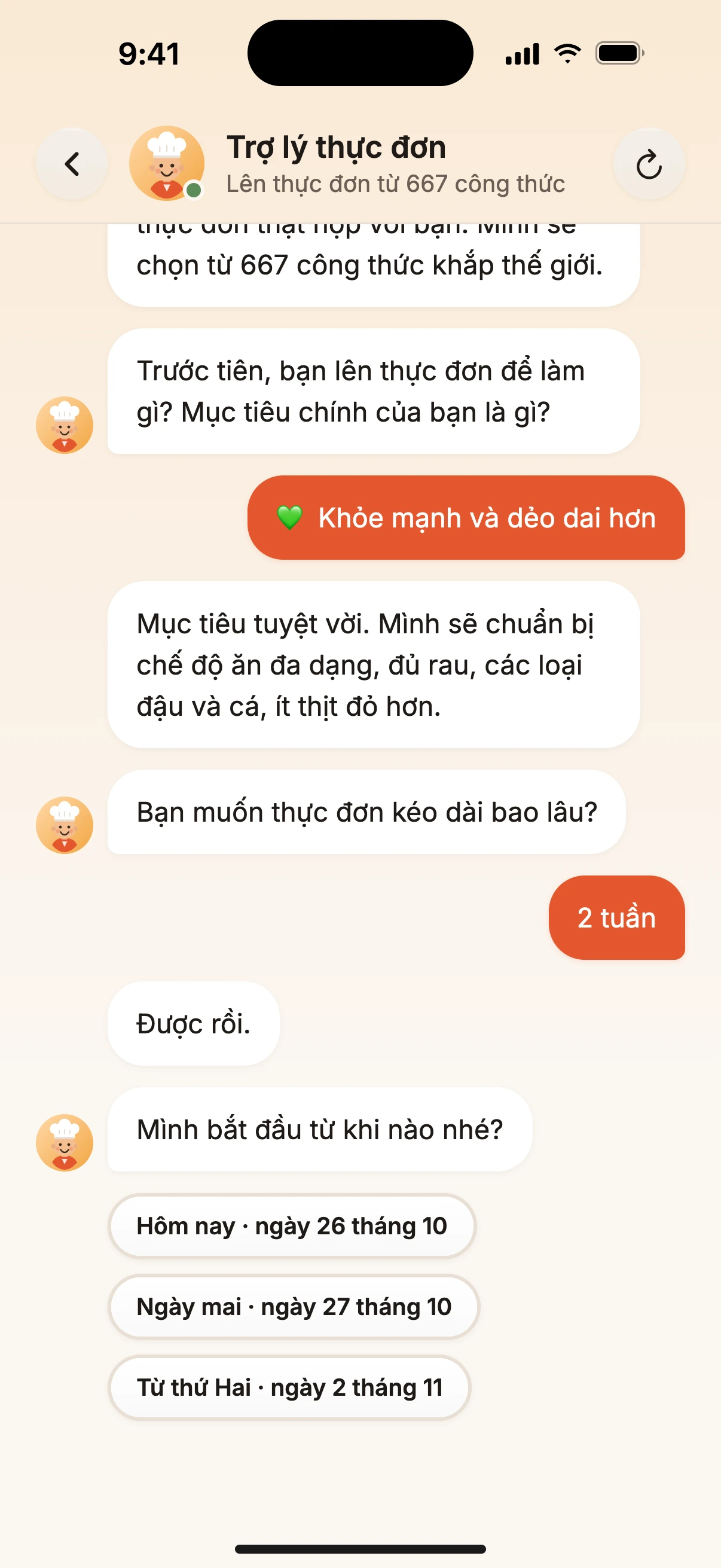 Đầu bếp lên thực đơn cả tuần cho bạn.